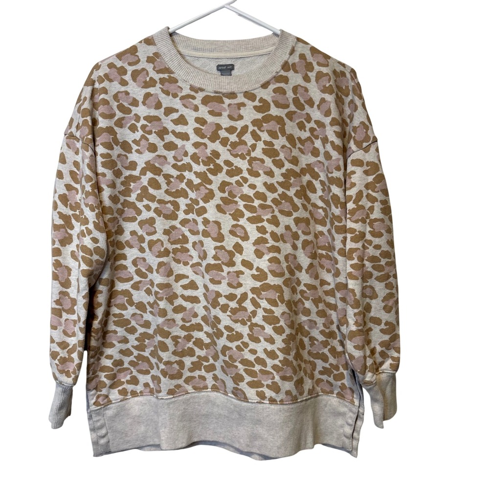 Aerie Leopard Print Sweatshirt Women XS Tan Pink Oversized Side Slit Pullover